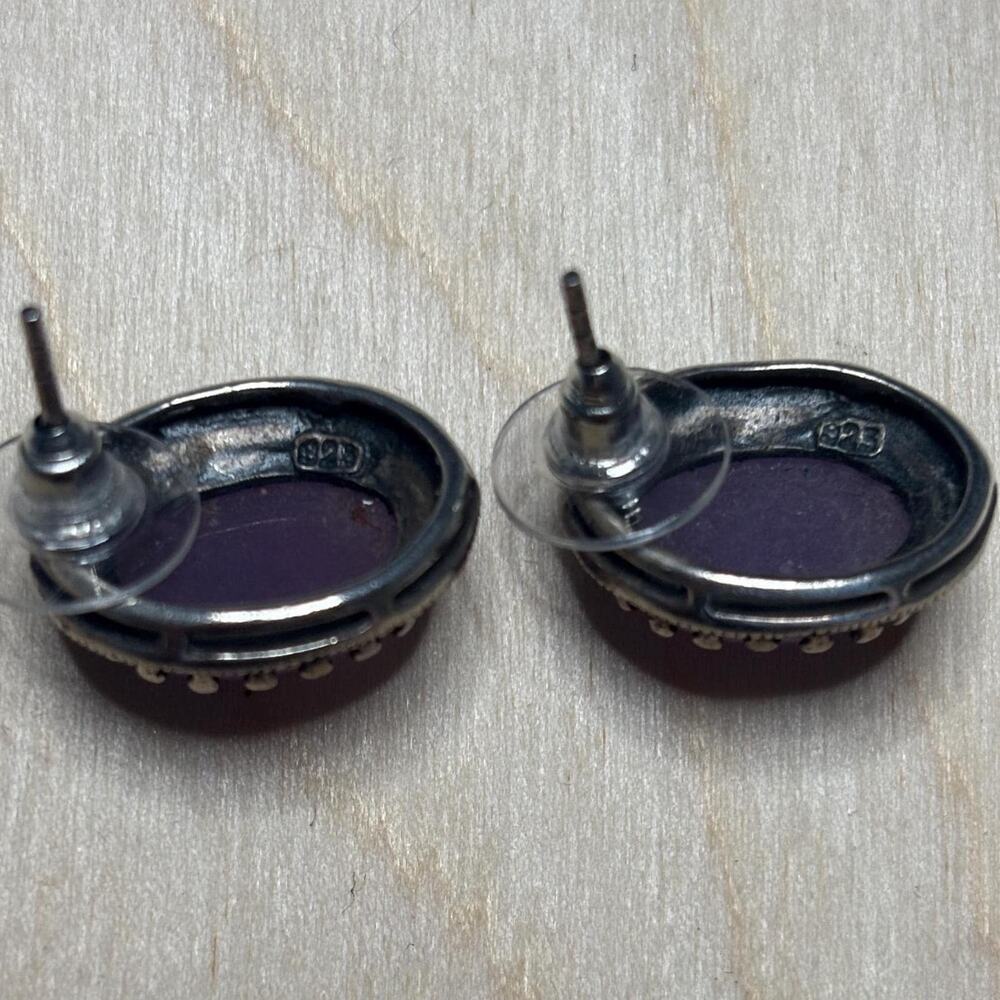 Vintage 925 Sterling Silver Lavender Jade Marcasite Oval Stud Earrings - Picture 6 of 6
